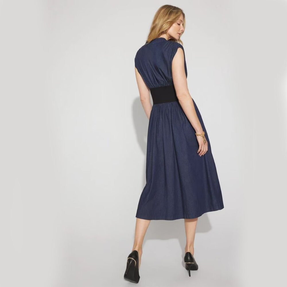 WHBM $200 Tencel Belted Denim Midi Dress Wide Belt Jean MANY SIZES - Picture 5 of 9